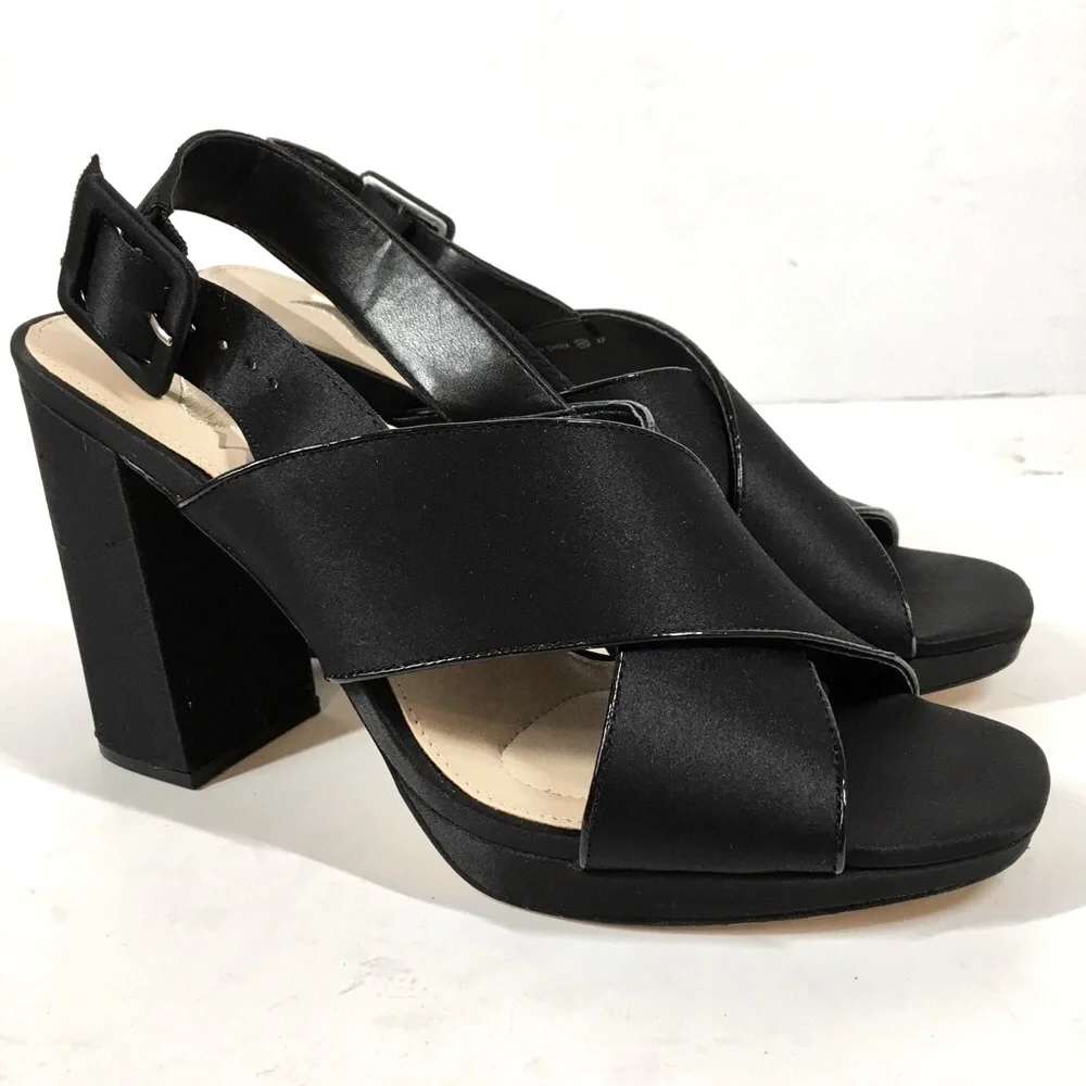 Nina New York Black Criss Cross Straps Platform Open Toe Sandal Heels Size 7.5M